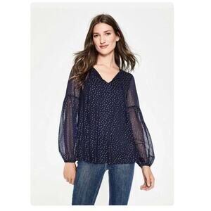 NWT Boden Metallic Polka Dot Hazel Navy Blue Peasant Blouse Size 4